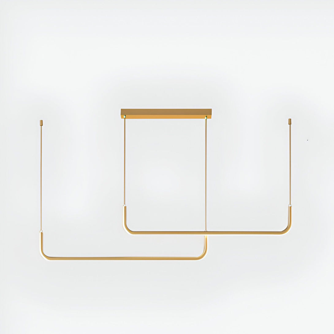 Une image d'une suspension en laiton brossé avec deux tubes en forme de U suspendus à des câbles fins. La suspension est fixée au plafond par une plaque rectangulaire en laiton brossé. CU-6987275459,CU-2256173763,CU-8965480825,CU-2593177039,CU-6967884158,CU-8028259170,CU-425617155X,CU-8536488247,CU-0217384609,CU-6824179981,CU-5339287629,CU-8508221142,