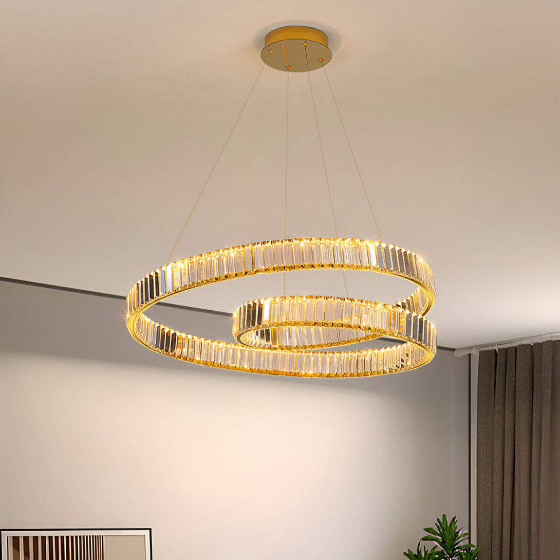 Une image d'un lustre en cristal doré à LED avec deux anneaux. KE-8743558054,KE-8582726392,KE-842997931X,KE-0481493778,KE-7908226833,KE-7416764211,