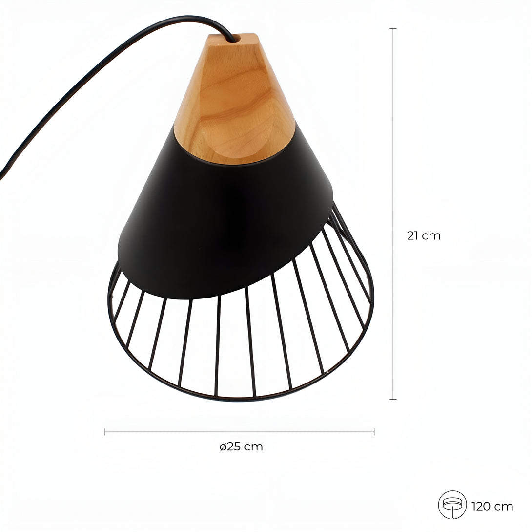 Une suspension luminaire cône en métal noir et bois clair. ES-0846152088,ES-3515337245,